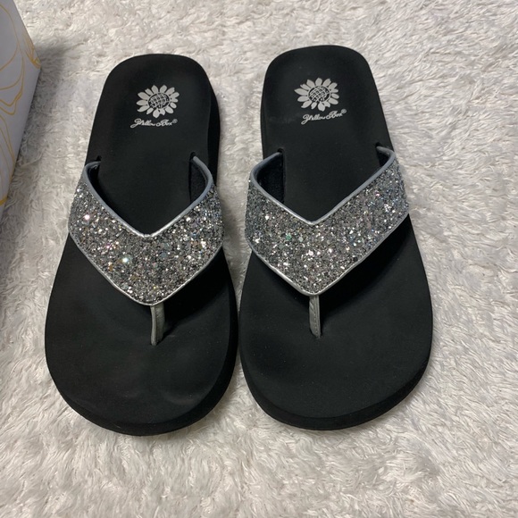 yellow box glitter flip flops